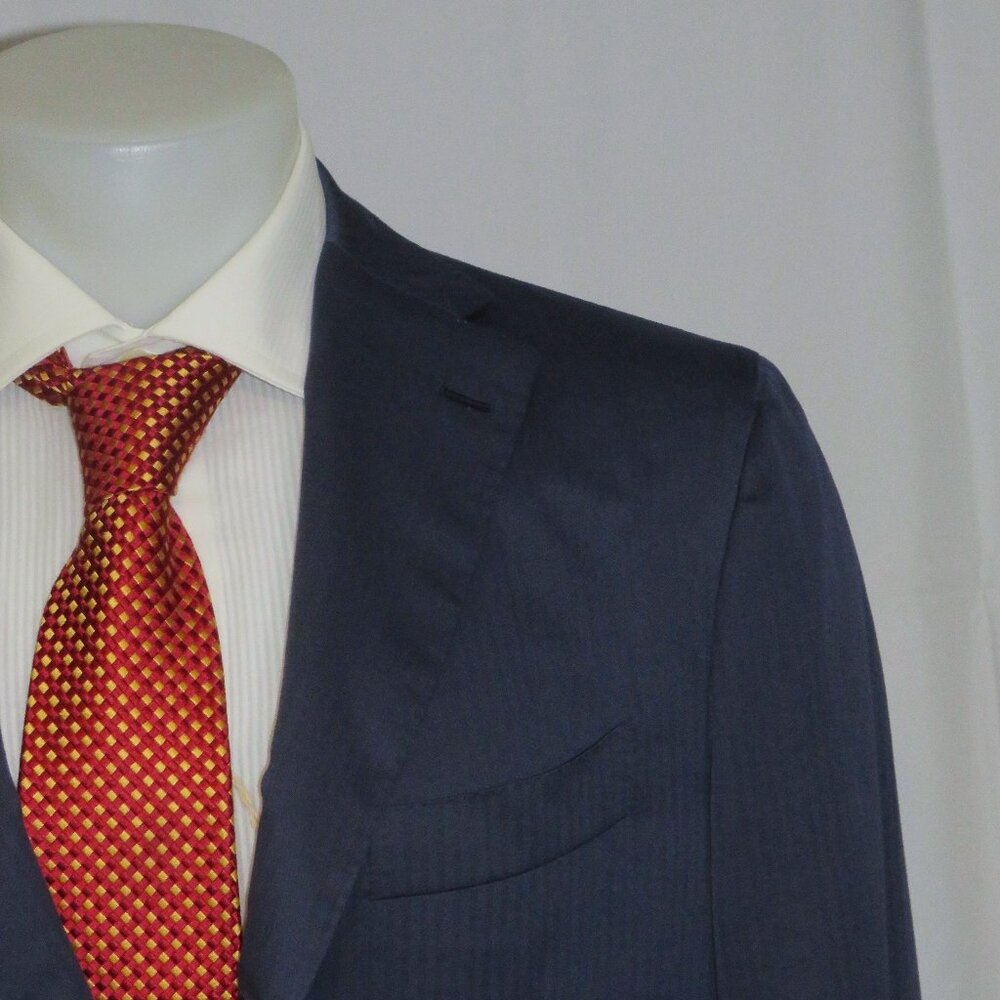 Kiton Blue Herringbone Cotton Wool Silk Custom Three Roll Two Suit 42R
